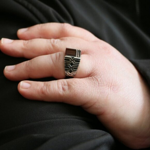 925 Sterling Silver Men's Ring With Agate Stone - Picture 4 of 12